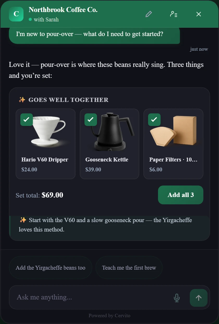 The real Cervito widget: a three-item pour-over starter set with per-item checkboxes, a set total, and Add all