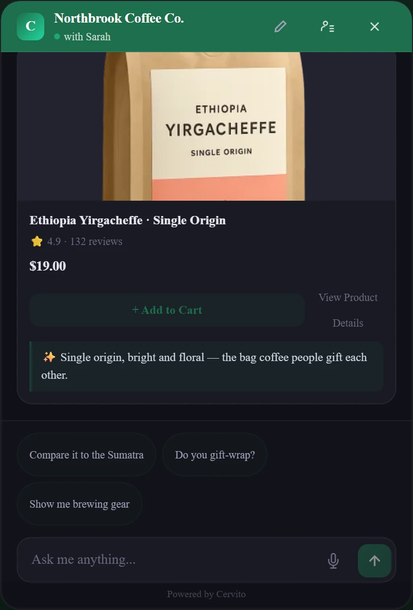 The real Cervito widget: Sarah recommends the Ethiopia Yirgacheffe with rating, price, and Add to Cart